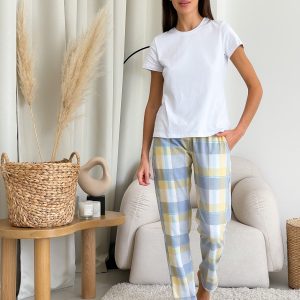 Жіночий Піжамний комплект COSY у клітинку жовто/сірий штани+футболка