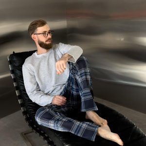 Піжама Скандинавія NEW тепла з начісом (штани+лонгслів), клітина синя