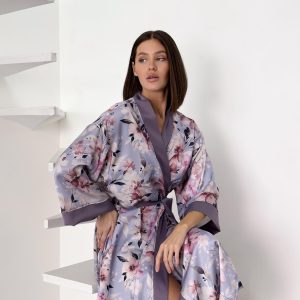 Жіночий халат кімоно довгий Morning Bloom квіти на лавандовому кольорі
