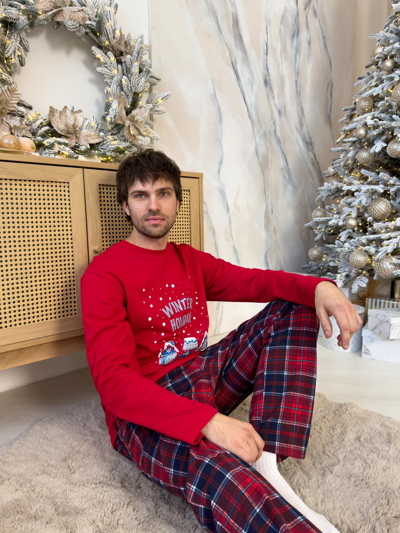Піжама чоловіча новорічна тепла Winter Holiday, червоно-синій