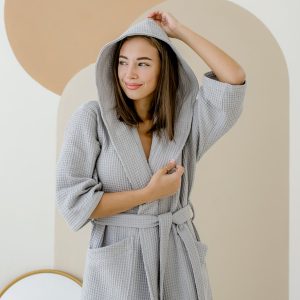 Жіночий Халат COSY з капюшоном вафельний сірий