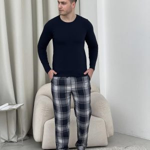 Домашній піжамний комплект для чоловіків COSY(штани+лонгслів НН) темно-синій/сірий
